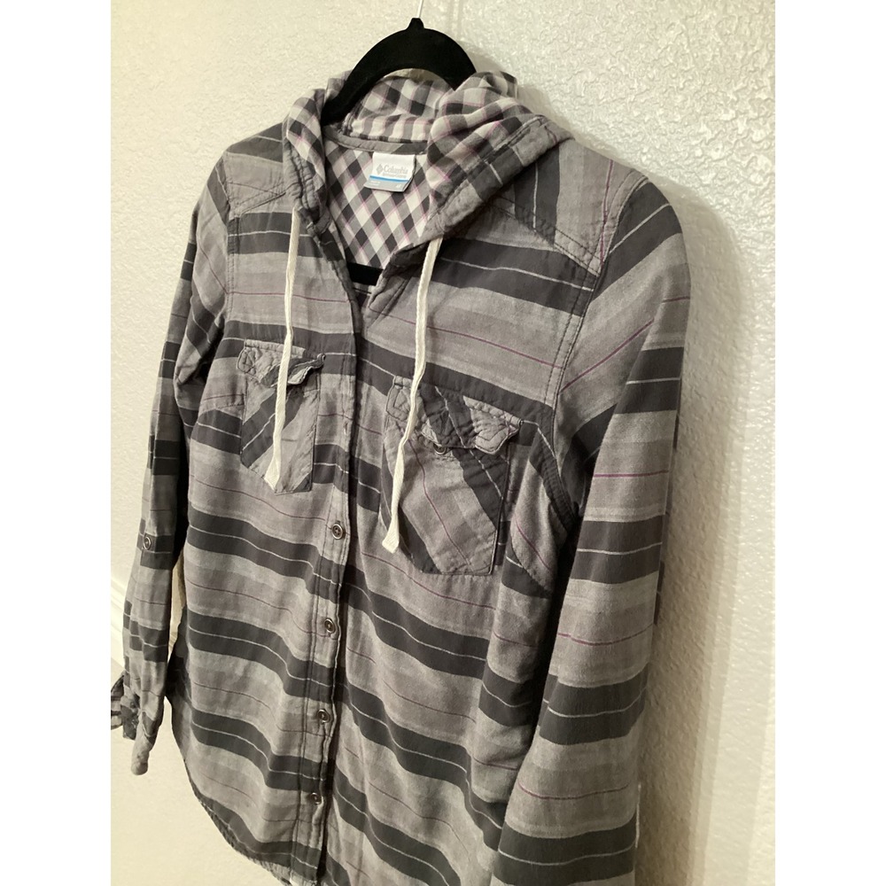 Columbia Womens Hooded Shirt Gray Striped Button Down‎ Top XS Casual - Picture 5 of 6